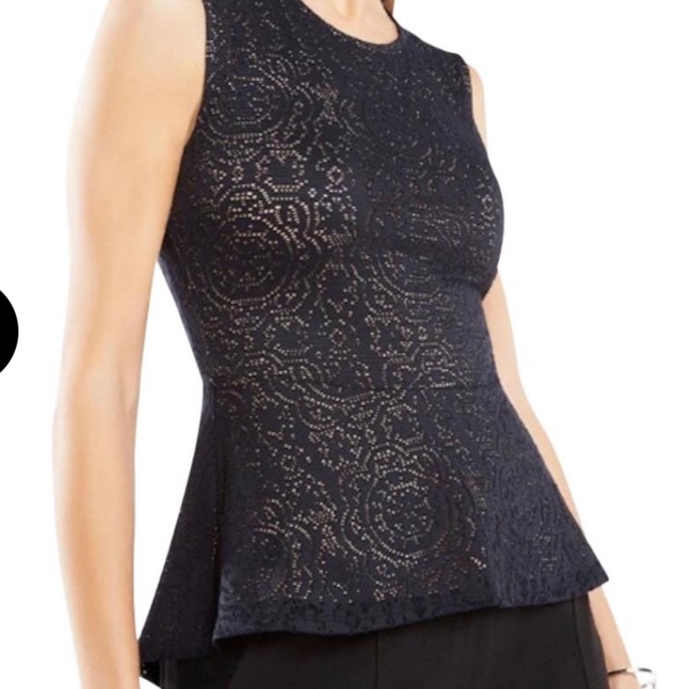 BCBG MaxAzria Sleeveless Black & Tan Pointelle Knit Peplum Top